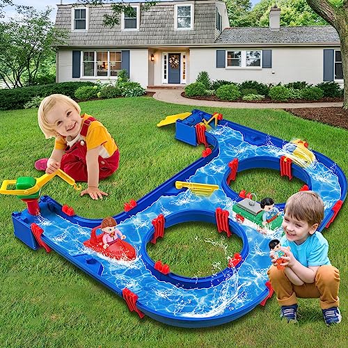 Vatos Water Way Toys For Kids - 57 Pcs Diy Water Park Playset Building Block Toy On Table, Beach, Pool, Lawn, Backyard Waterway With 2 Boats Tree For 3+ Years Old Kids Summer Outdoor Activity #TOP4