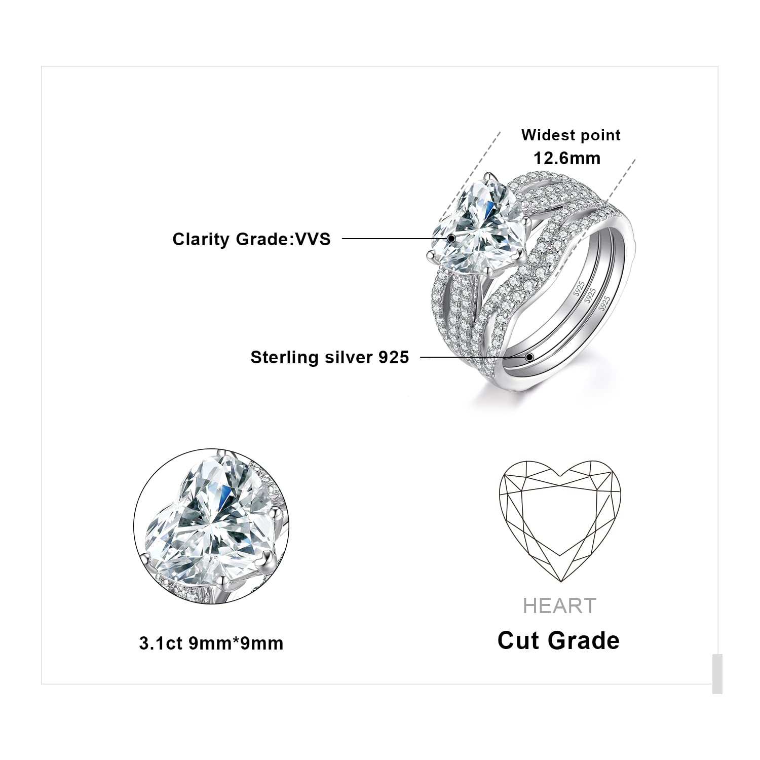 JewelryPalace Set Anillo Compromiso Mujer Plata Oro 14k Oro Rosa, Solitario Anillo Apilable 3ct Circonita Corte Corazón, Anillo Promesa Diamante Simulado, Banda de Boda Eternity Conjunto de Novia