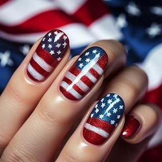 Independence Day Press on Nails Short Round Fake Nails Red Blue White False Nails with Glossy Glitter Designs Full Cover Stars Stripes Glue on Nails Cute Reusable Acrylic Nails for Women 24Pcs