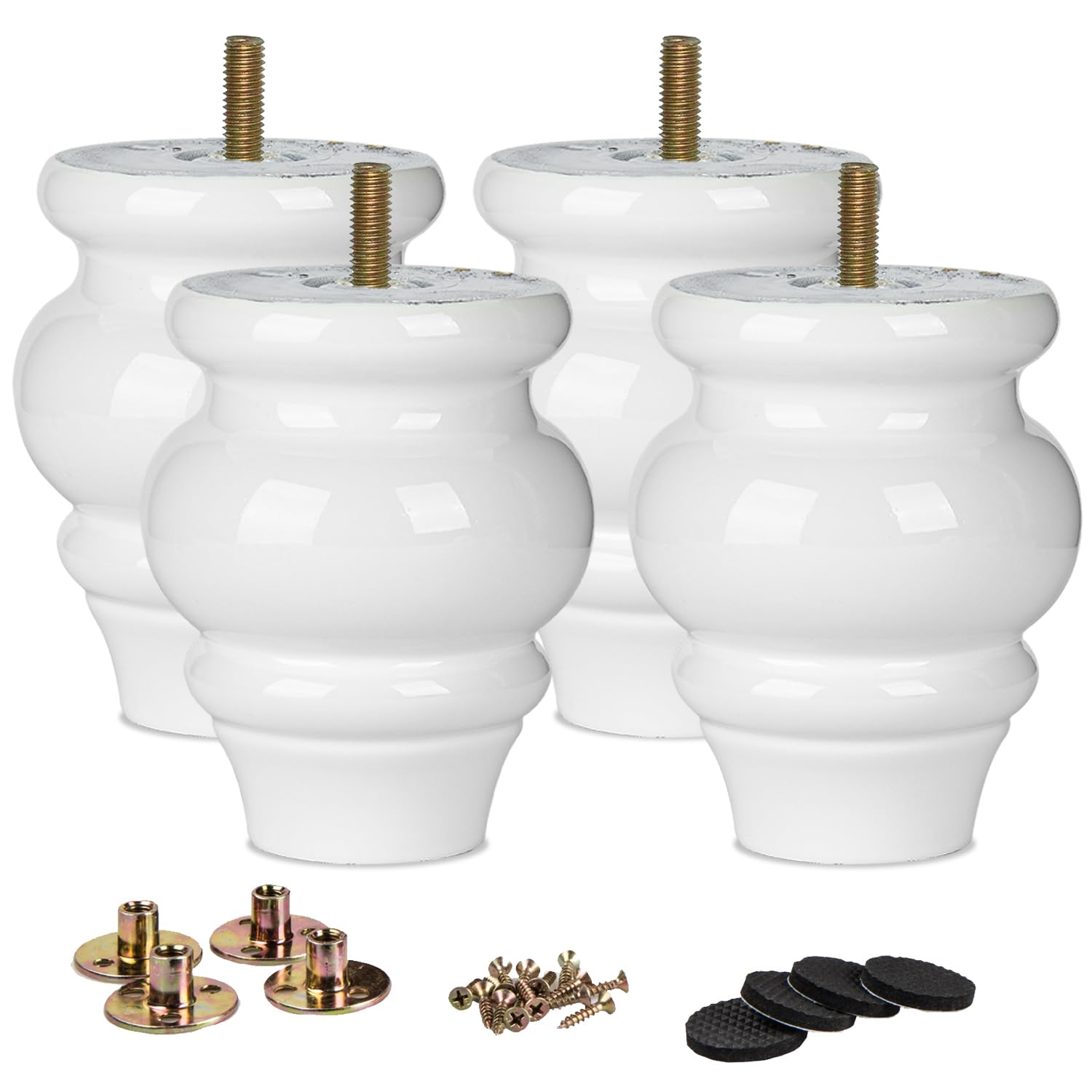 La Vane 3.5 Inch / 9cm Classic Bun Feet, 4PCS Solid Wood Furniture Legs with M8 Bolt & Mounting Plates, Small Size for Sofa Couch Bed Ottoman Kitchen Cabinet Toe Kick (White)