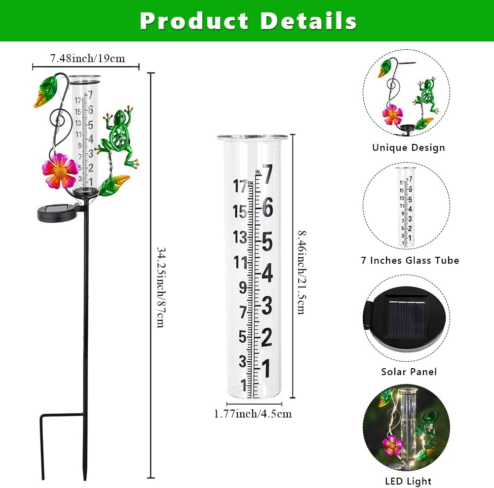Solar Rain Gauge Outdoor - 7-Inch Glass Tube Frog Design Decorative Weather Gauge for Garden, Yard, Lawn, Patio