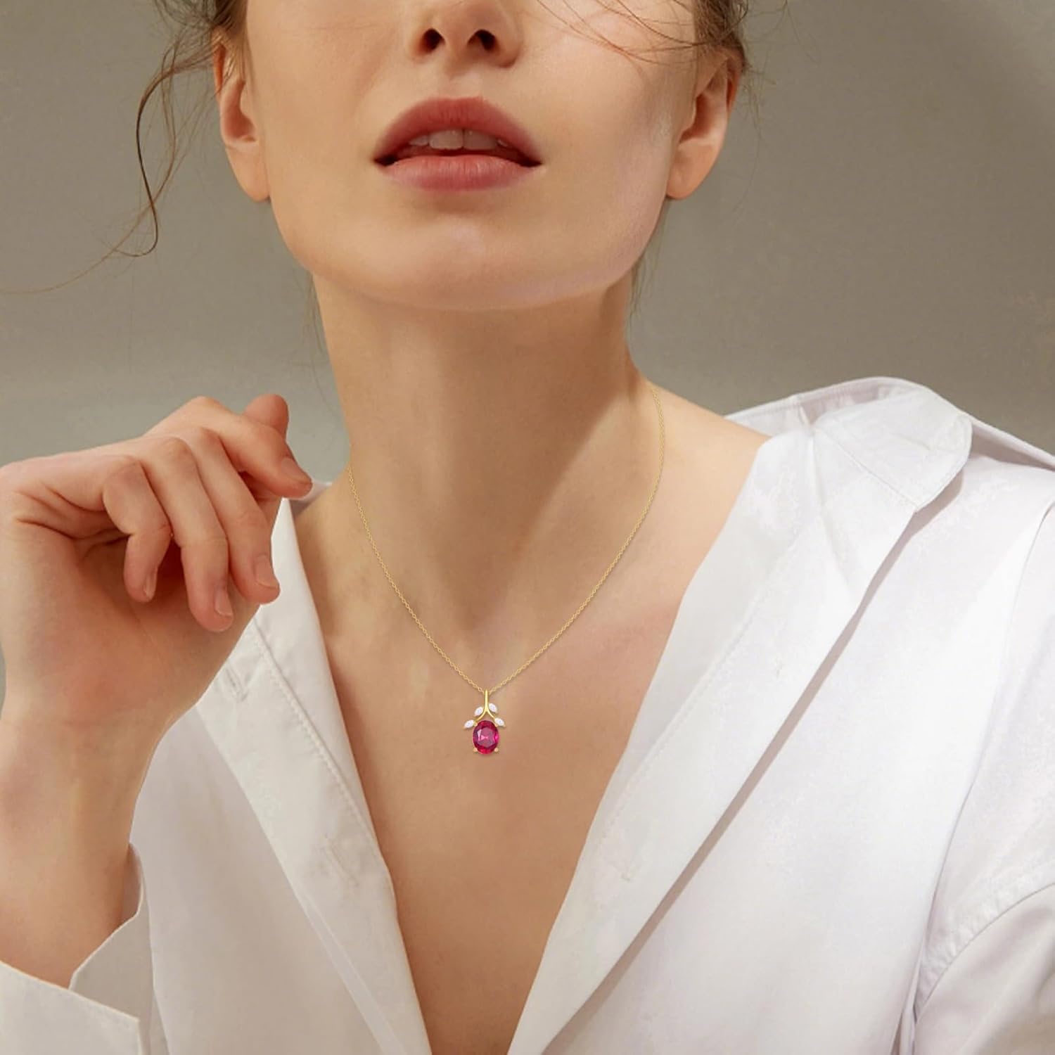 14K Solid Gold Ruby Necklaces for Women, Flower Shaped 2 Carat Oval Created Ruby Pendant Birthstone Gemstone Anniversary Birthday Mother's Day Jewelry Gifts for Her Wife Mom 16''-18'' - Image 4