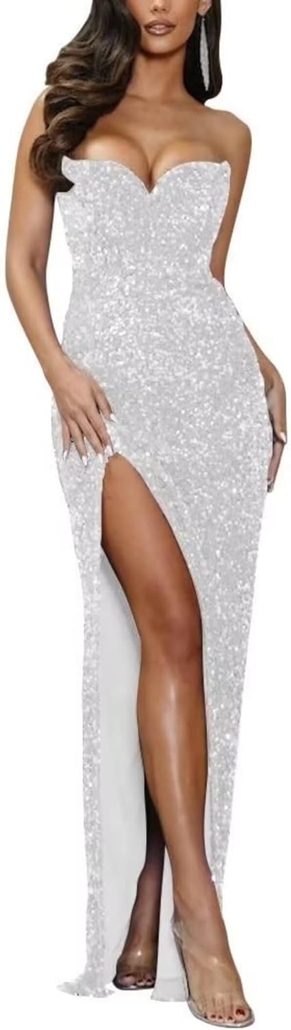Mermaid Prom Dresses for Women - Sequin Evening Gowns for Women Formal Strapless Prom Dress for Teens with Slit