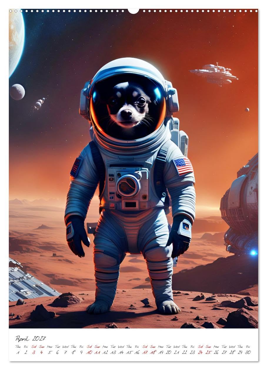 Chihuahua Adventure in Space (High Quality Premium Wall Calendar 2027 DIN A2 portrait),CALVENDO 12 Month Wall Calendar: Cute AI Chihuahua astronaut explores space