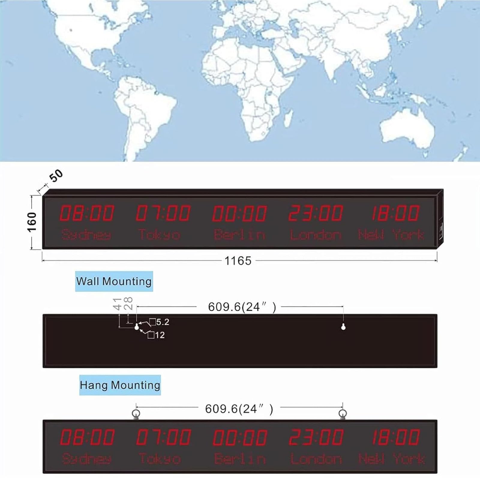 Orologio orario mondiale con display a 5 città, fusi orari multipli a LED, 3 livelli di luminosità, alloggiamento interamente in alluminio per ufficio, hotel e uso aziendale
