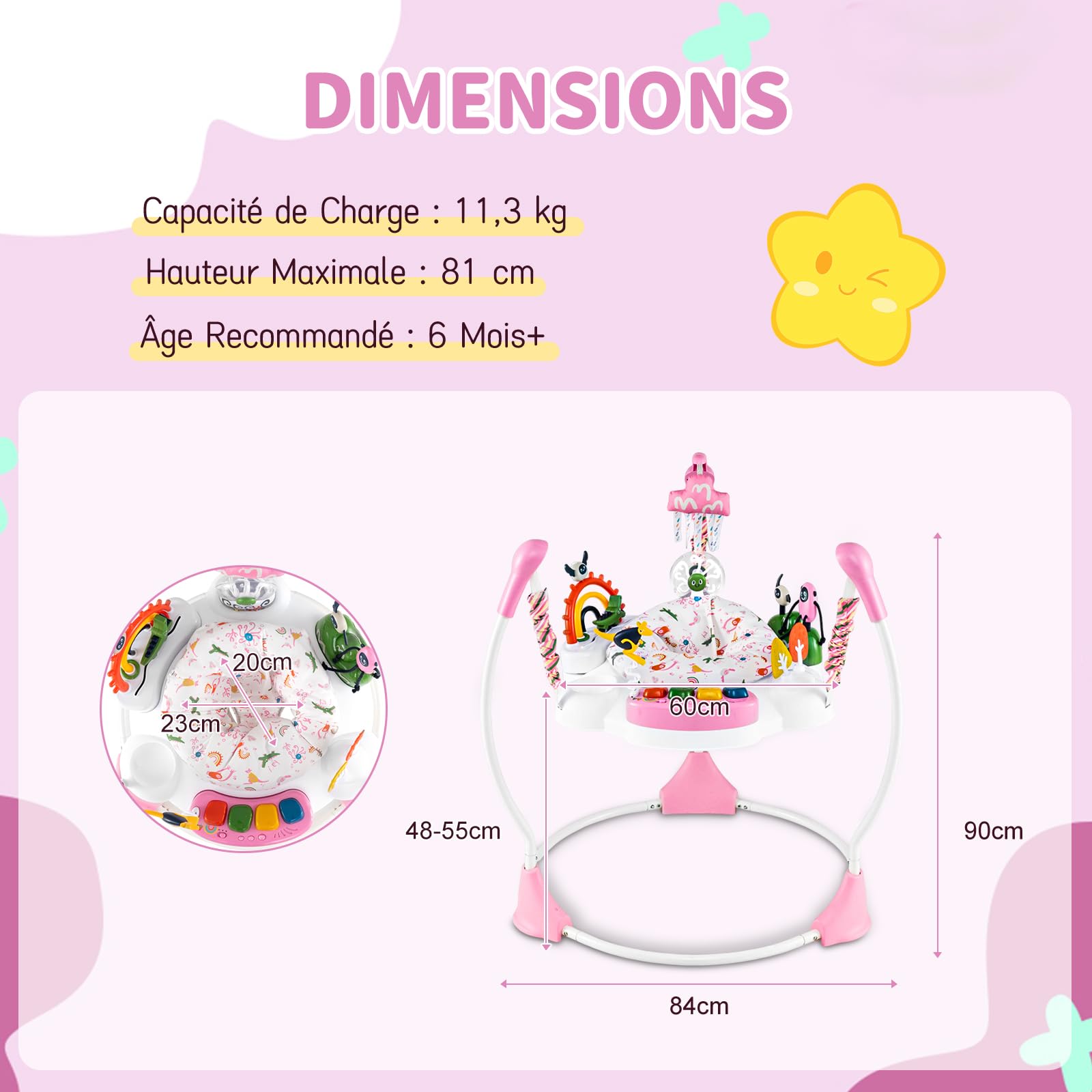 COSTWAY Aire d'éveil à Rebonds Bébé avec 6 Jouets Interactifs et Plateau Musical, Jumperoo Jungle Trotteur Bébé avec Musique et Lumière, 3 Hauteurs Réglables, Siège Rotatif 360° pour 6 Mois+ (Rose)