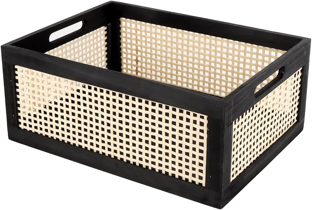 GYASVWU Black Rectangular Wooden Basket with Handle, Bamboo Woven Storage Box, Shelf Organiser, Decorative Living Room, Kitchen Decoration, Bedroom Decoration (Black)
