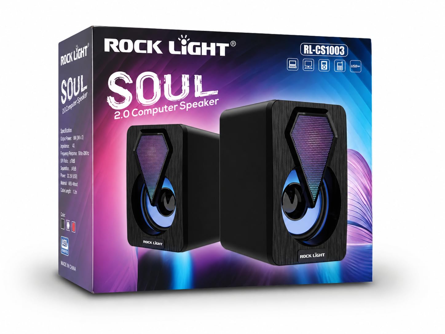 Rock Light Soul RL-CS1003 2.0 Computer Speaker, USB Powered | 6W Output Power, RGB LED Lighting, ABS+Wood Material, 4Ω Impedance, 1.2m Cable Length-image-43