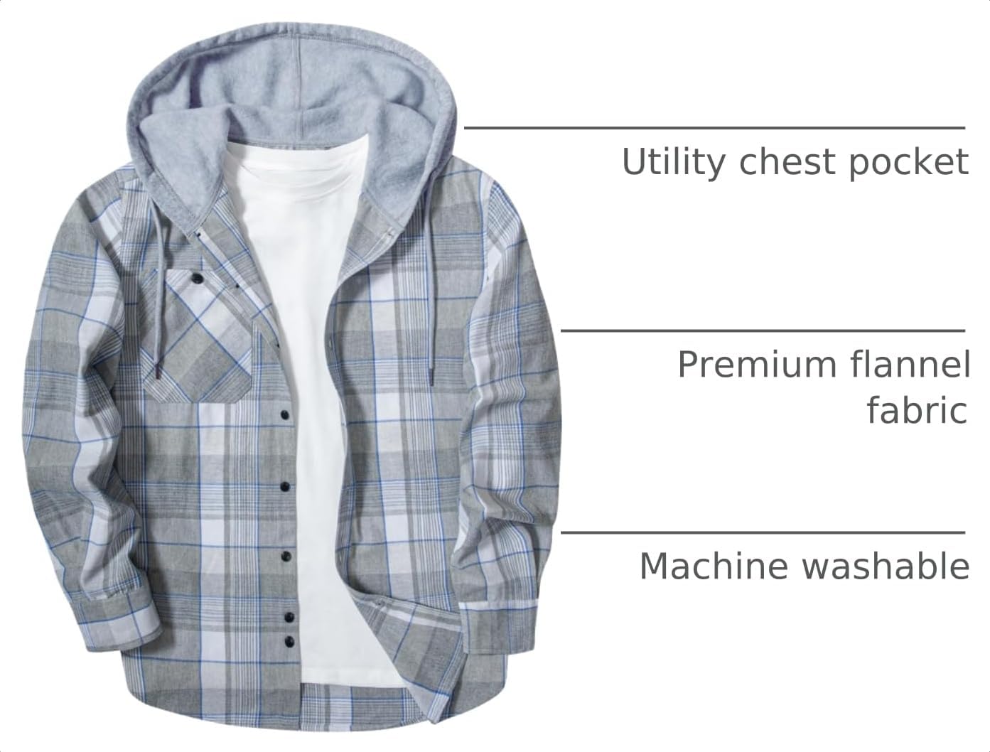 ZITY Men's Flannel Hoodie Shirts Casual Button Down Long Sleeve Plaid Shirt image 4