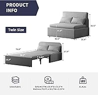 Vista 3 de Sofá cama individual, moderno sofá cama extraíble con cojines y almohadas, sofás cama de lino, sofás cama convertibles, sofás cama plegables, sofá