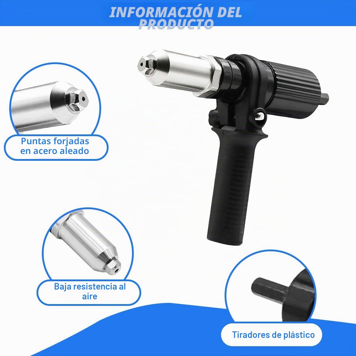 Kit de Adaptador de Pistola de Remache, Accesorios de fijación de Remaches de Taladro eléctrico con 4 Cabezales de Remaches de 2,4 mm/3,2 mm/4,0 mm/4,8 mm, Herramienta de Tuerca Remachadora