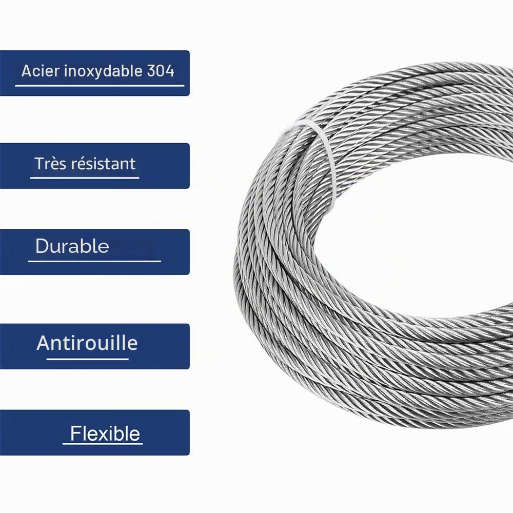 Cable inox 5mm, 46 Mètres Câble Métallique, Câble en Acier Inoxydable 304, 7×19 Brins Câble en Acier avec Boucles pour Tyrolienne, Garde-Corps de, Résistant à une Charge de 1600kg