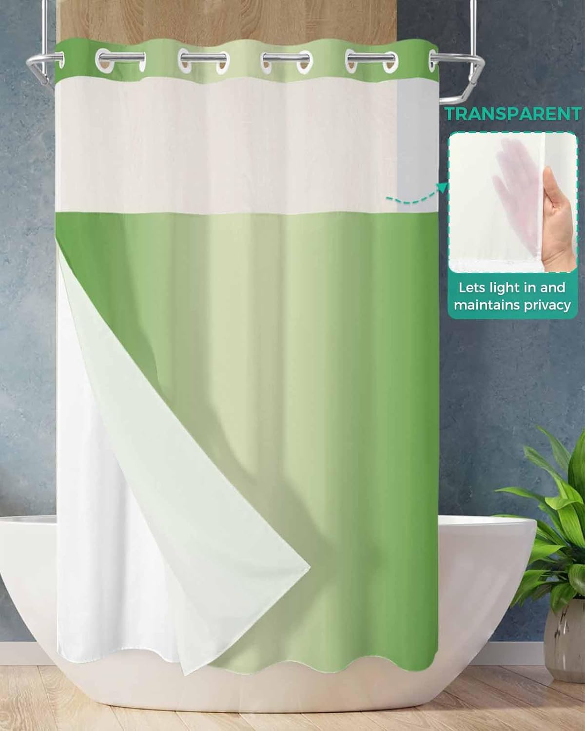 No Hook Shower Curtains, Grass Green Ombre Small Shower Curtains with Snap in Liner, Rustic Green Color Gradient Waterproof Washable Fabric Bathroom Shower Curtain Sets, 36" x 72"