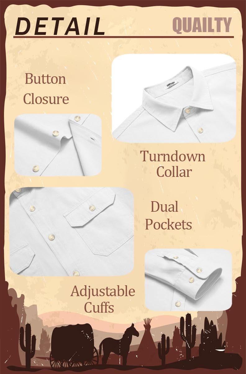 COOFANDY Mens Western Cowboy Shirt Long Sleeve Cotton Button Down Work Shirts with Pockets - Image 6