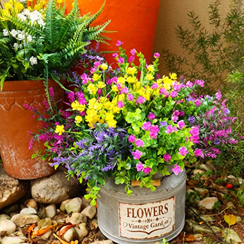 Yibukiy 12 Bundles Artificial Fake Flowers Outdoor, 6 Styles Uv Resistant No Fade Faux Plastic Greenery Shrubs Plants For Hanging Garden Porch Window Box Farmhouse Outside Decoration #TOP1
