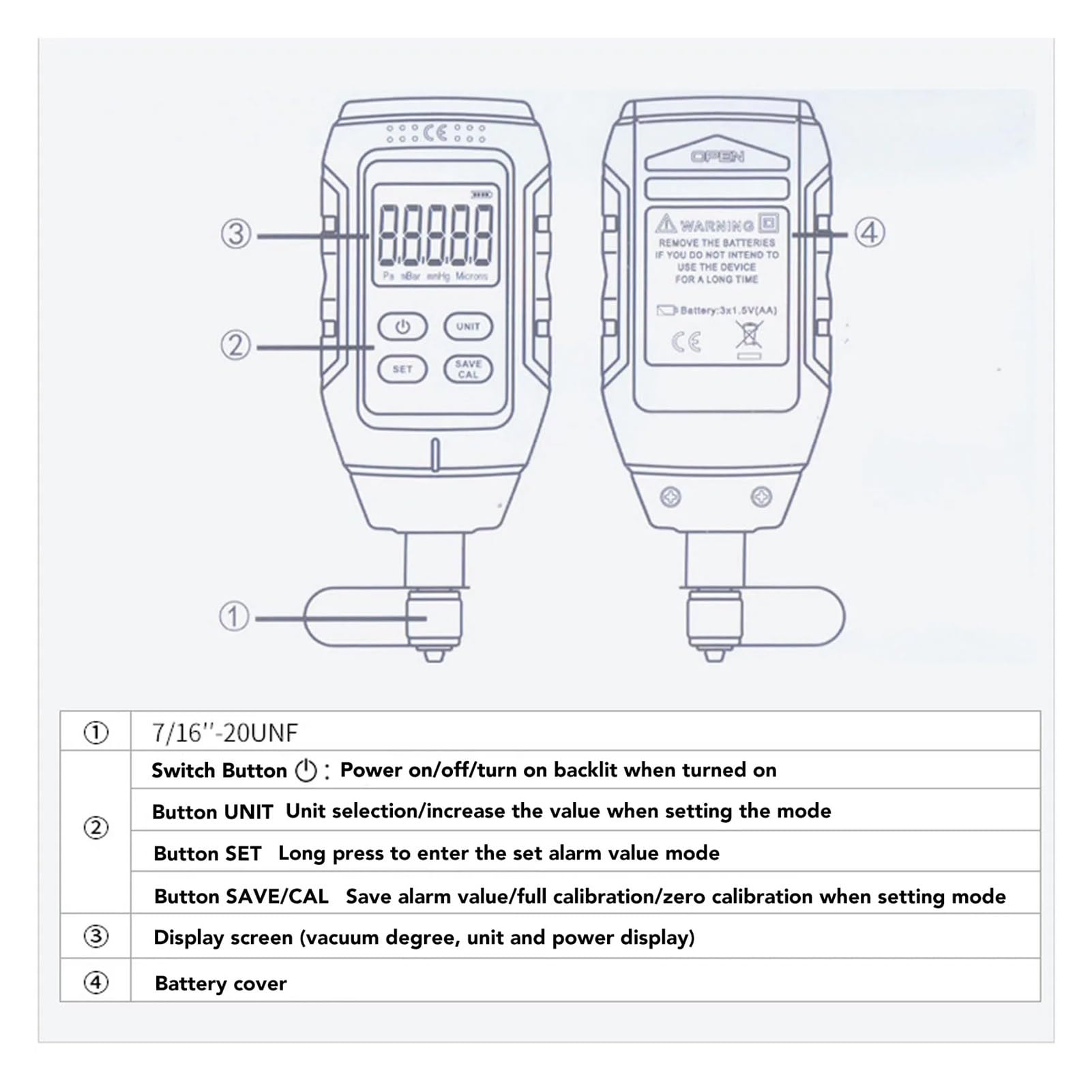 Digital Vacuum Gauge 0‑10000Pa 7/16inch 20UNF Interface Backlit Display Micron Meter For Atmospheric Environment