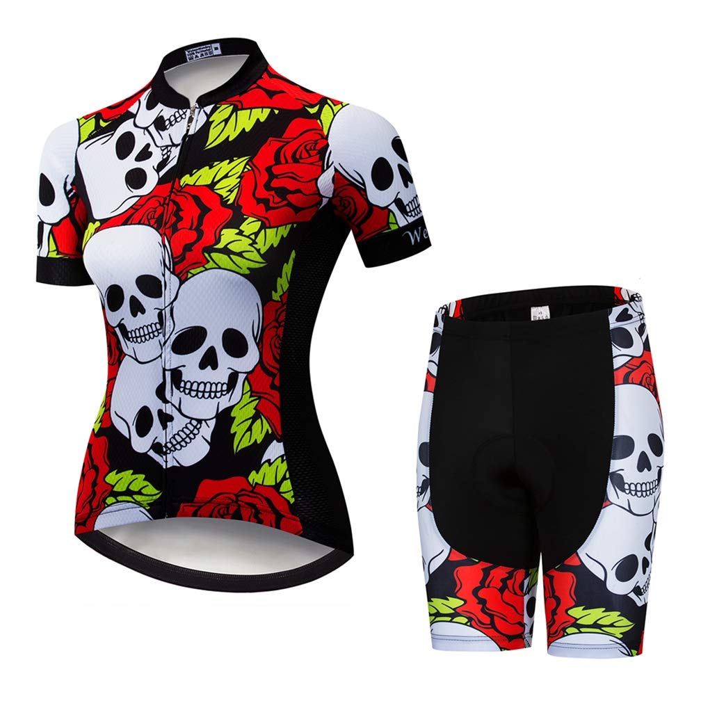Womens Cycling Jersey Sets Sports Breathable Padded Cycling Clothing Cycling Wear Summer Skull Red White L