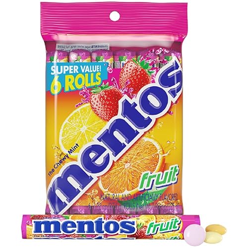 Mentos Fruit Chewy Mint Candy Roll, Mixed Fruit Flavors, Valentine's Day Candy for Parties & Favors, 14 Pieces Per Roll (Pack of 6)