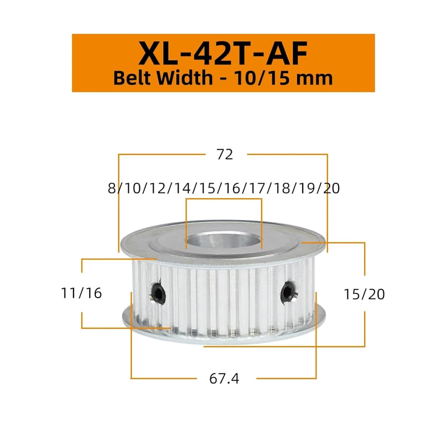 XL 42T Pulley/Pitch 5.08mm Bore 8/10/12 Mm Alloy Belt AF Shape Match with Width 10/15 Timing 42 Teeth(17X5X2.3 mm,10mm)