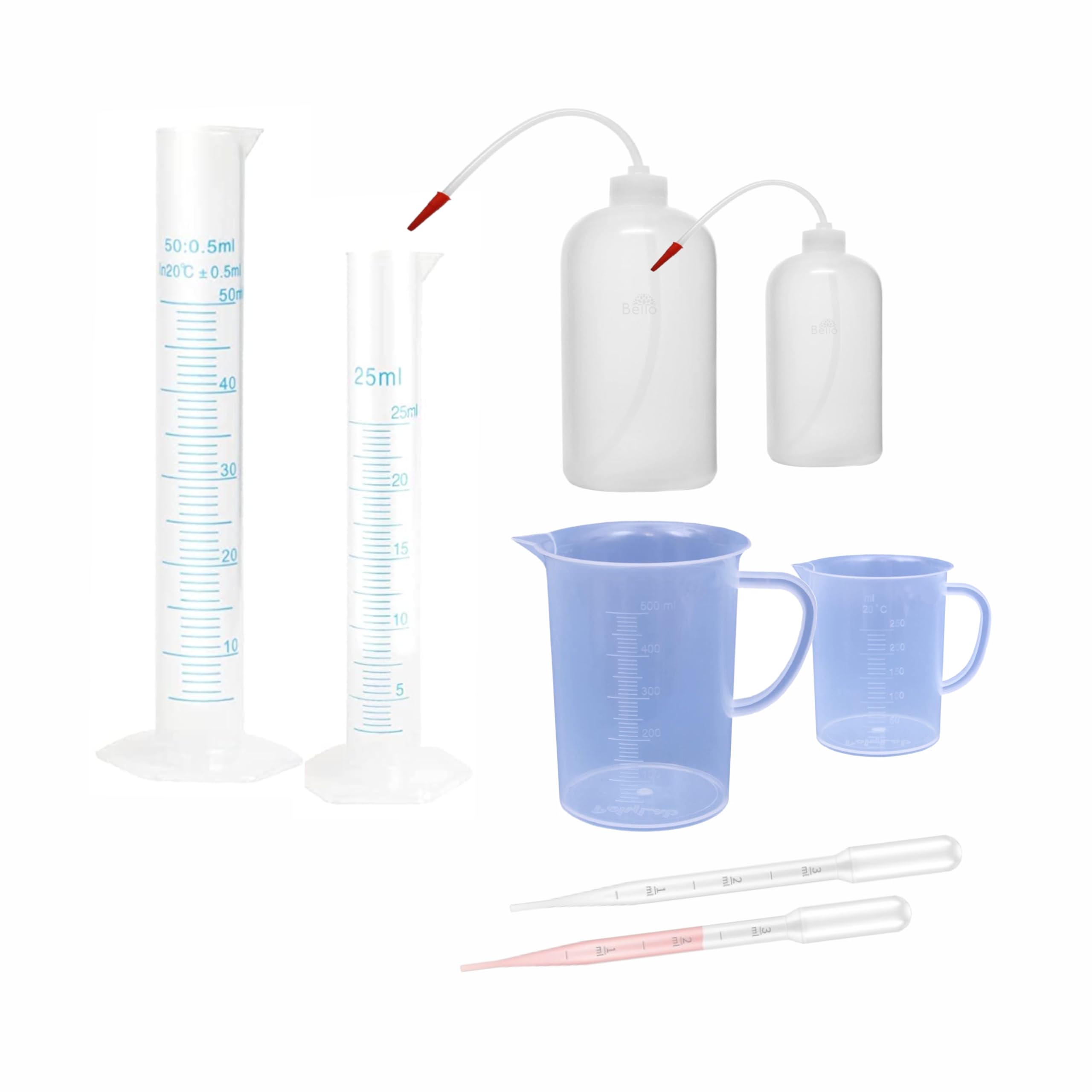 Bello Naturals Feel Better Everyday Plastic Measuring Cylinder 25ml,50ml & Wash Bottle 250ml,500ml with Jug 250ml 500ml Dropper 3ml-2 for Cosmetics Perfume Making Lab Laboratory-image-45