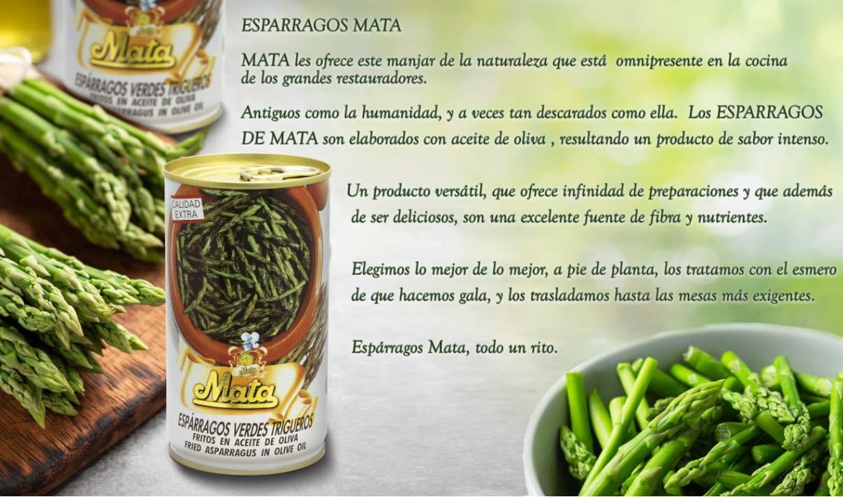 Espárragos verdes trigueros Gourmet Mata I Sabor auténtico y natural I Sin conservantes I Con aceite de oliva y la mejor selección de espárragos I Lata de 340 g