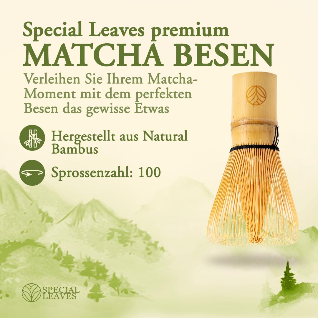 Matcha Pulver & Matcha Besen - 90g -100% Natürlich & Fein Gemahlen Tee und Bambus Besen mit 100 Borsten - Premium Zubehör von Special Leaves