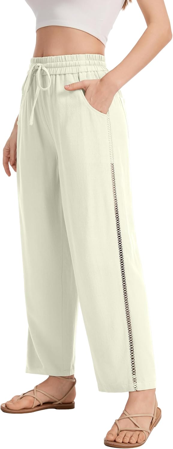 Womens Baggy Wide Leg Linen Cropepd Pants Casual Elastic Drawstring Waisted Harem Pants with Pockets - Image 4
