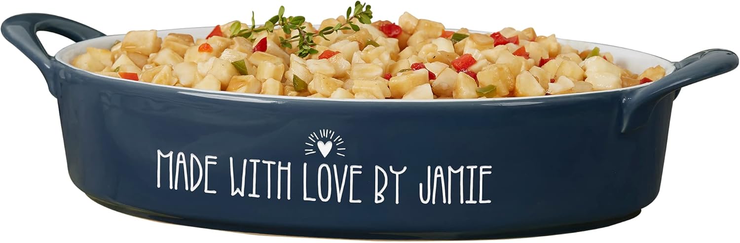 Personalization Universe Made With Love Personalized Oval Baking Dish - 3 Quart Stoneware Casserole Dish - Oven Safe, Microwave & Dishwasher Safe - Perfect for Baking, Cooking & Serving - Navy