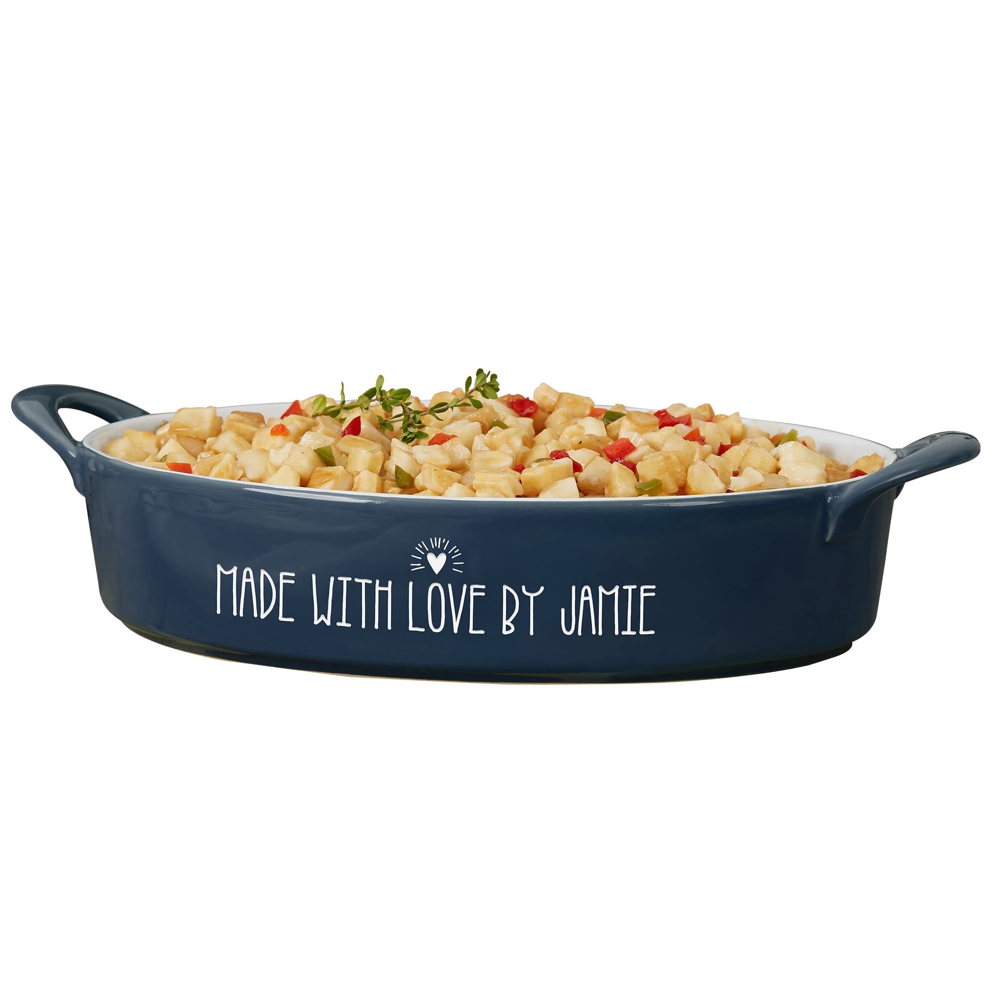 Personalization Universe Made With Love Personalized Oval Baking Dish - 3 Quart Stoneware Casserole Dish - Oven Safe, Microwave & Dishwasher Safe - Perfect for Baking, Cooking & Serving - Navy