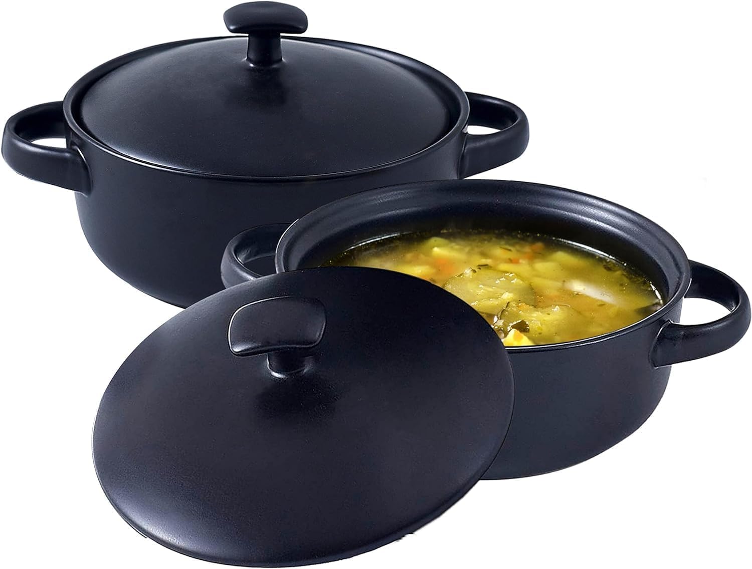 Bruntmor 20 Oz Round Ceramic Crock Bowls,Large Covered Serving Bowls With Handles, Black Ceramic Bakeware Ramen Bowl With Lid, French Onion Soup Crock, Cereals, Oven and Dishwasher Safe- Black