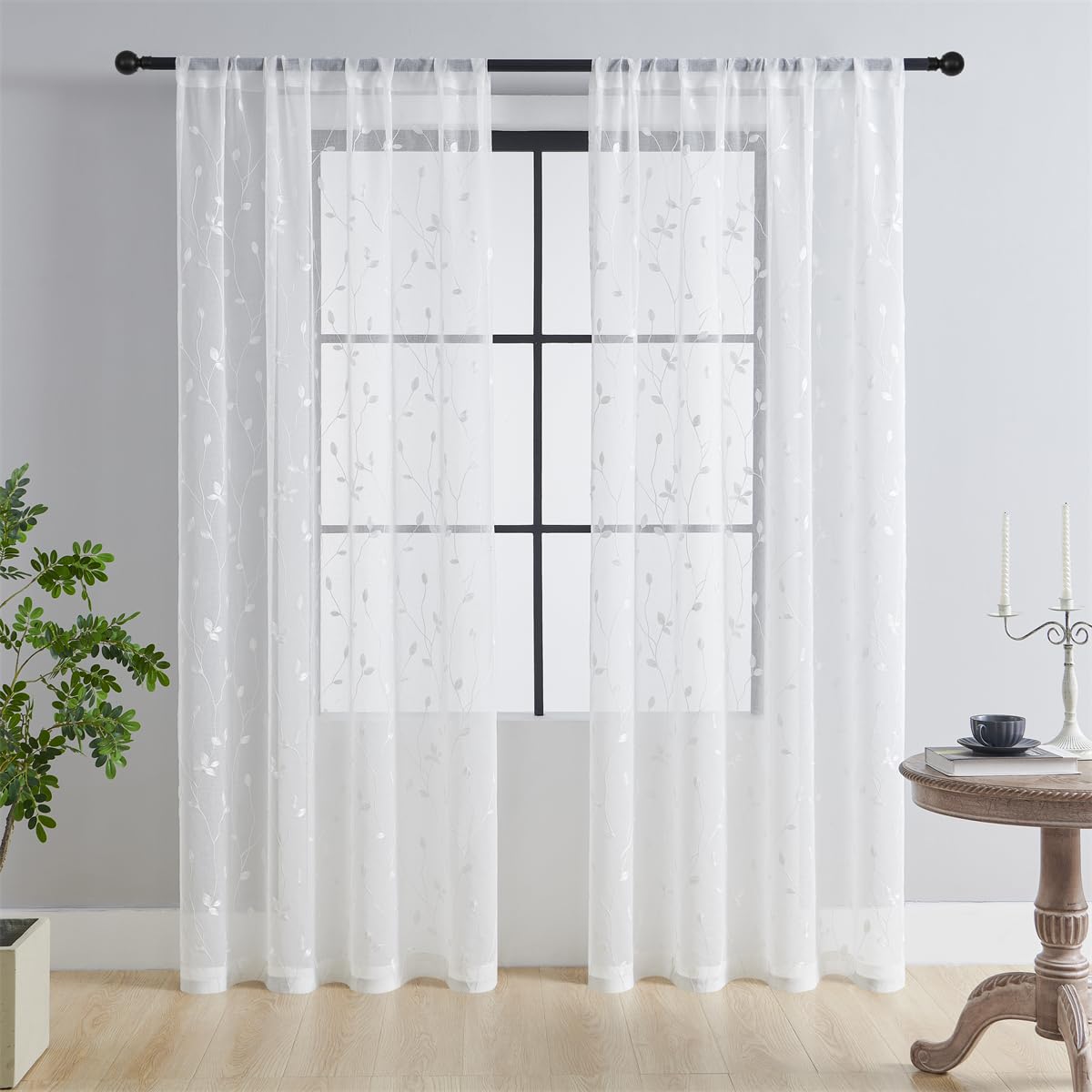 GYROHOME White Leaf Pattern Embroidered Sheer Curtains, Semi Voile Rod Pocket Textured Drapes for Bedroom and Living Room, 2 Panels, 39x78inch