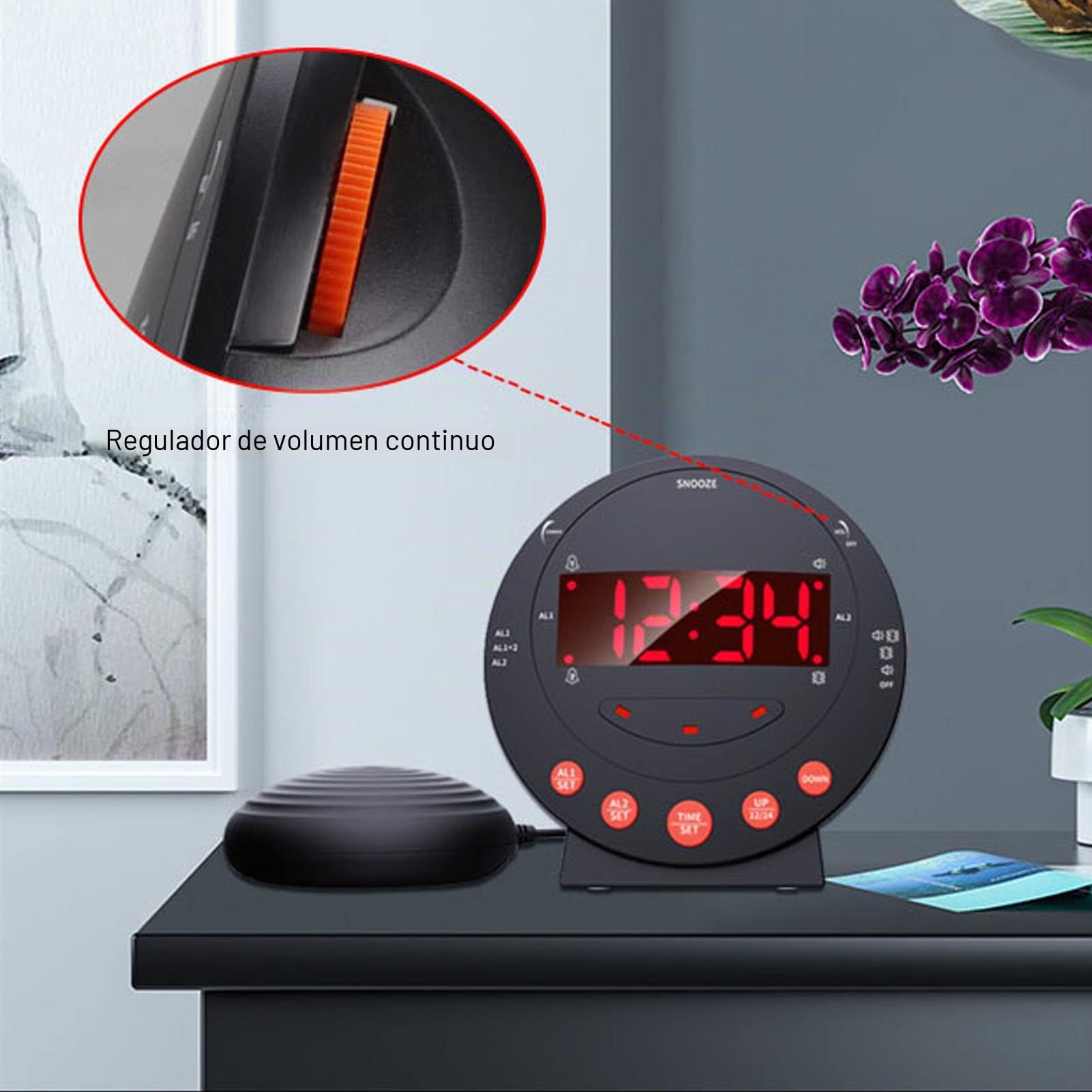 Reloj Despertador con Vibración Extra Fuerte de 110 DB Reloj Despertador con Luz de Alarma Roja Reloj Digital con Pantalla Grande para Personas Sordas con Problemas de Audición