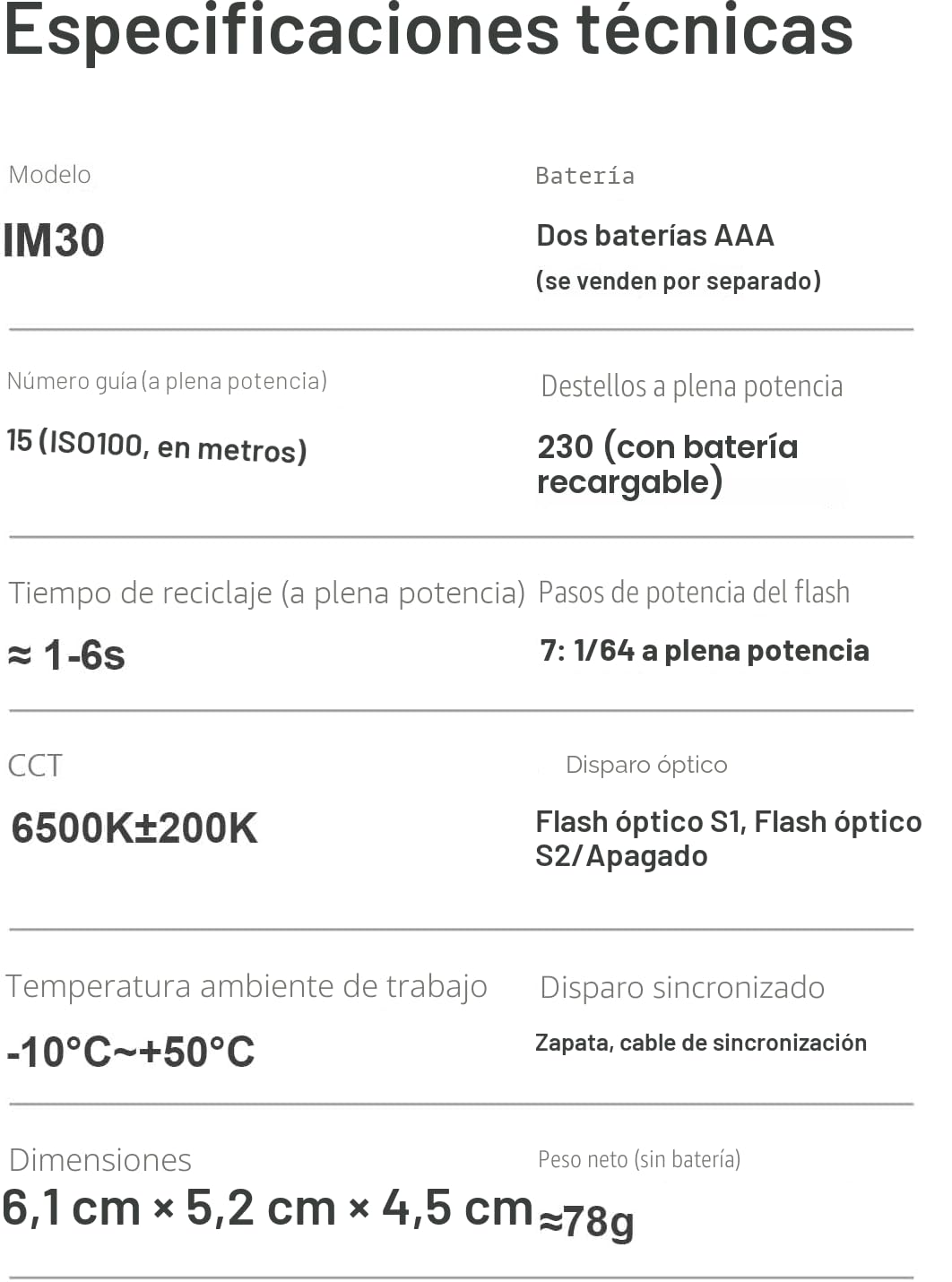 Godox iM30 Mini Flash, Speedlite Manual, GN15 S1/S2 Control Óptico, Temperatura de Color CCT 6500K±200K, 7 Niveles de Potencia (1/64~1/1), Compatible con Canon, Sony, Nikon, Pentax, Panasonic, Olympus