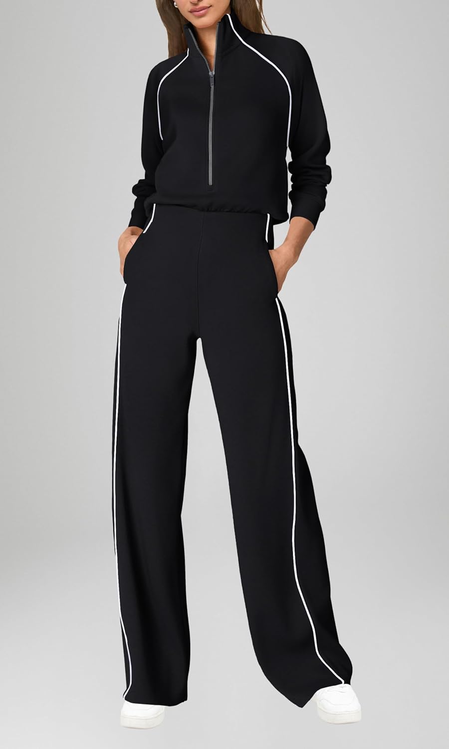 SENSERISE Womens Jumpsuits Casual Long Sleeve One Piece Jumpsuit Wide Leg Mock Neck Airport Travel Outfits with Pockets - Image 3