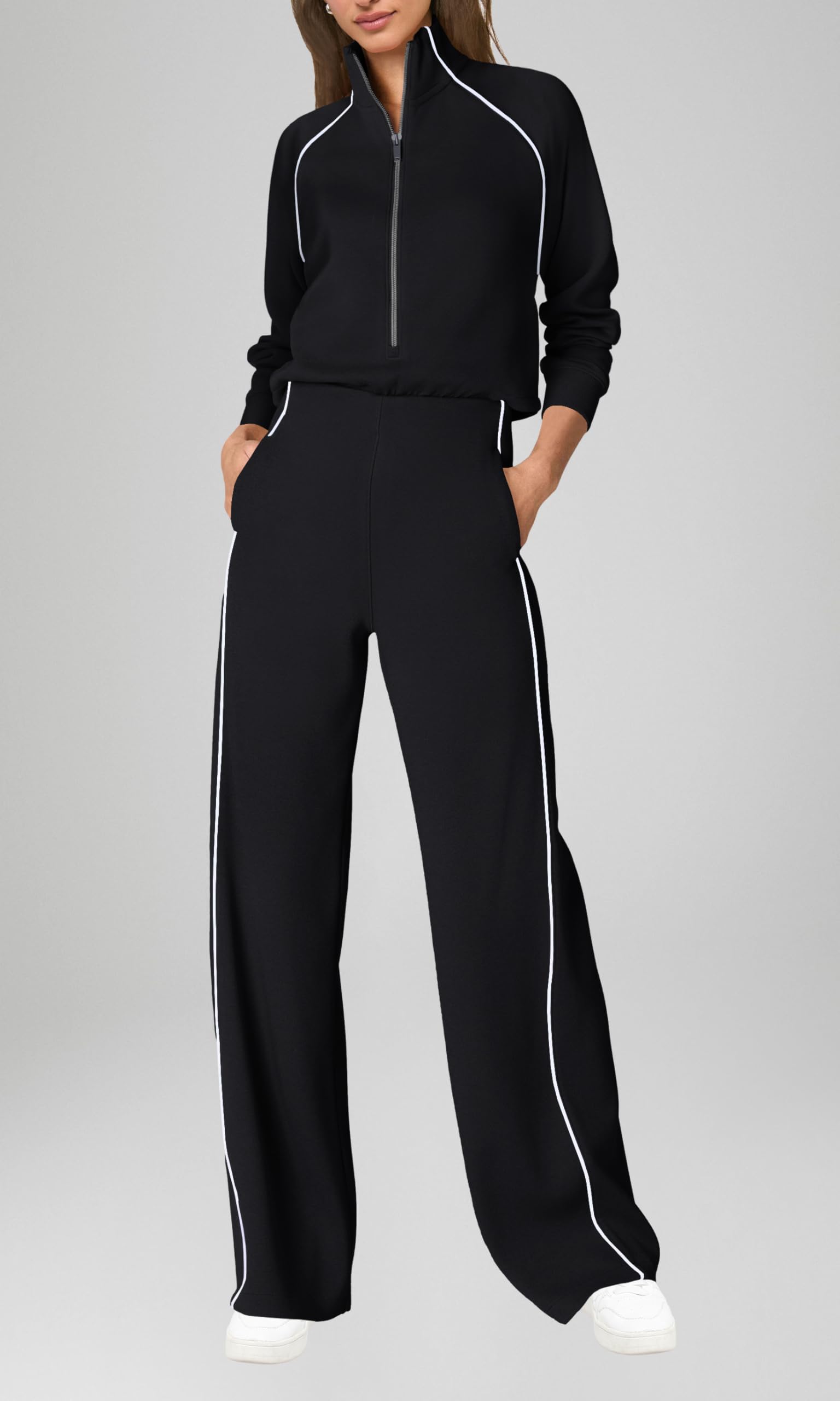 SENSERISE Womens Jumpsuits Casual Long Sleeve Jumpsuit Mock Neck Wide Leg Pants Fall Outfits with Zipper & Pockets