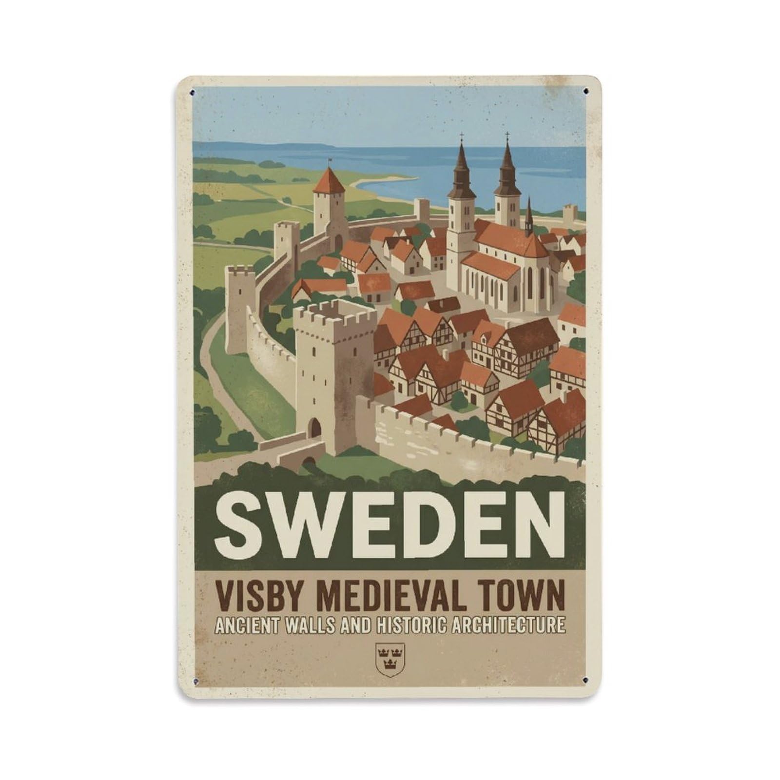 Vintage Travel Visby Sweden Medieval Metal Tin Sign