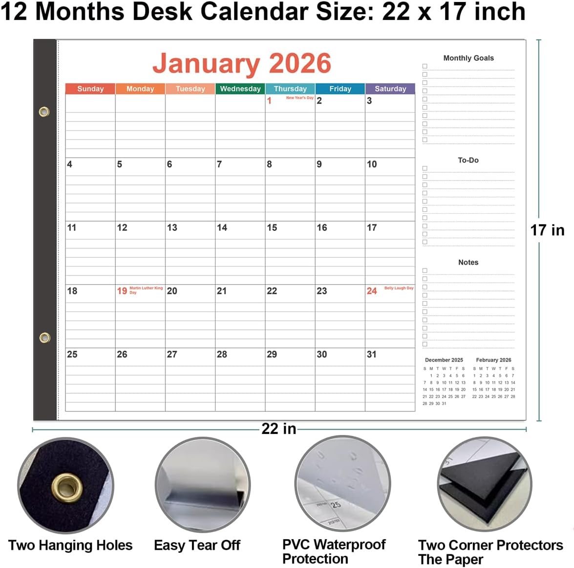 Large Desk Calendar 2026-22 x 17 Desk Calendar from January 2026 - December 2026, Desktop Pad Calendar Perfect for Planning and Organizing In Your Home, School or Office, Colorful