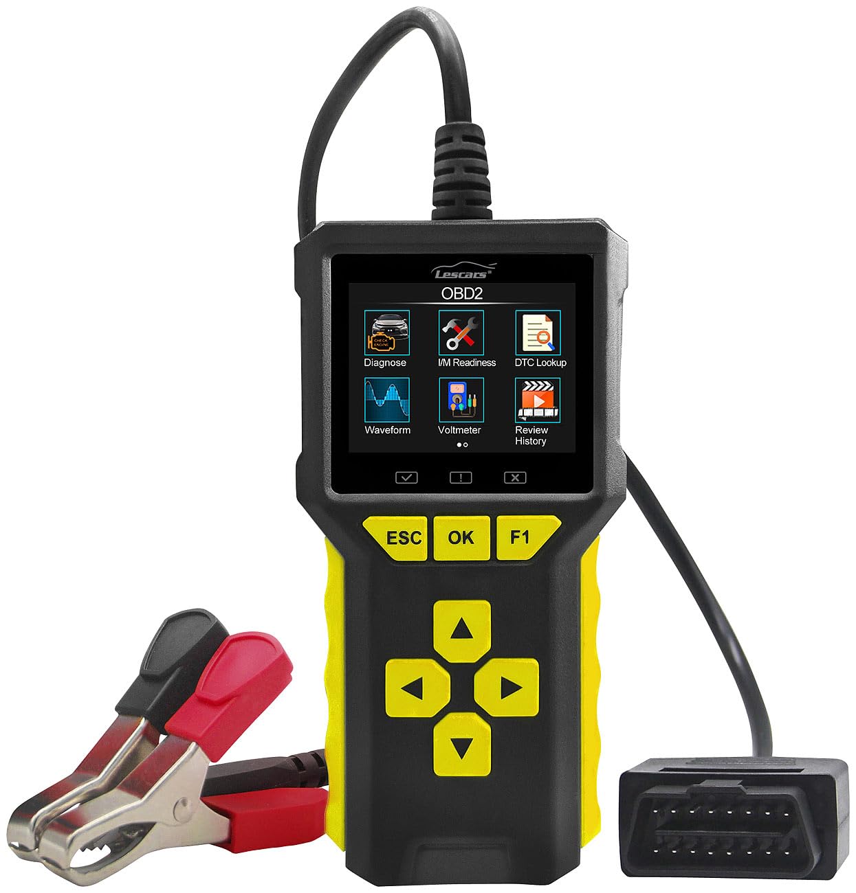 Lescars Diagnosegerät: Professioneller 2in1-OBD2-Scanner und Batterie-Tester, HD-Farbdisplay (OBD Diagnose, OBD2 Diagnosegerät, Auto)