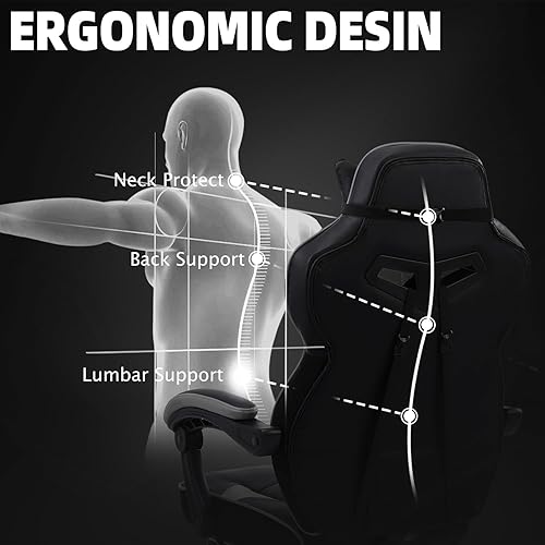 Miniatura 8 de Vonesse Silla para videojuegos, silla de juegos de respaldo alto con reposapiés y masaje, sillas de juegos para adultos con cojín de resorte de