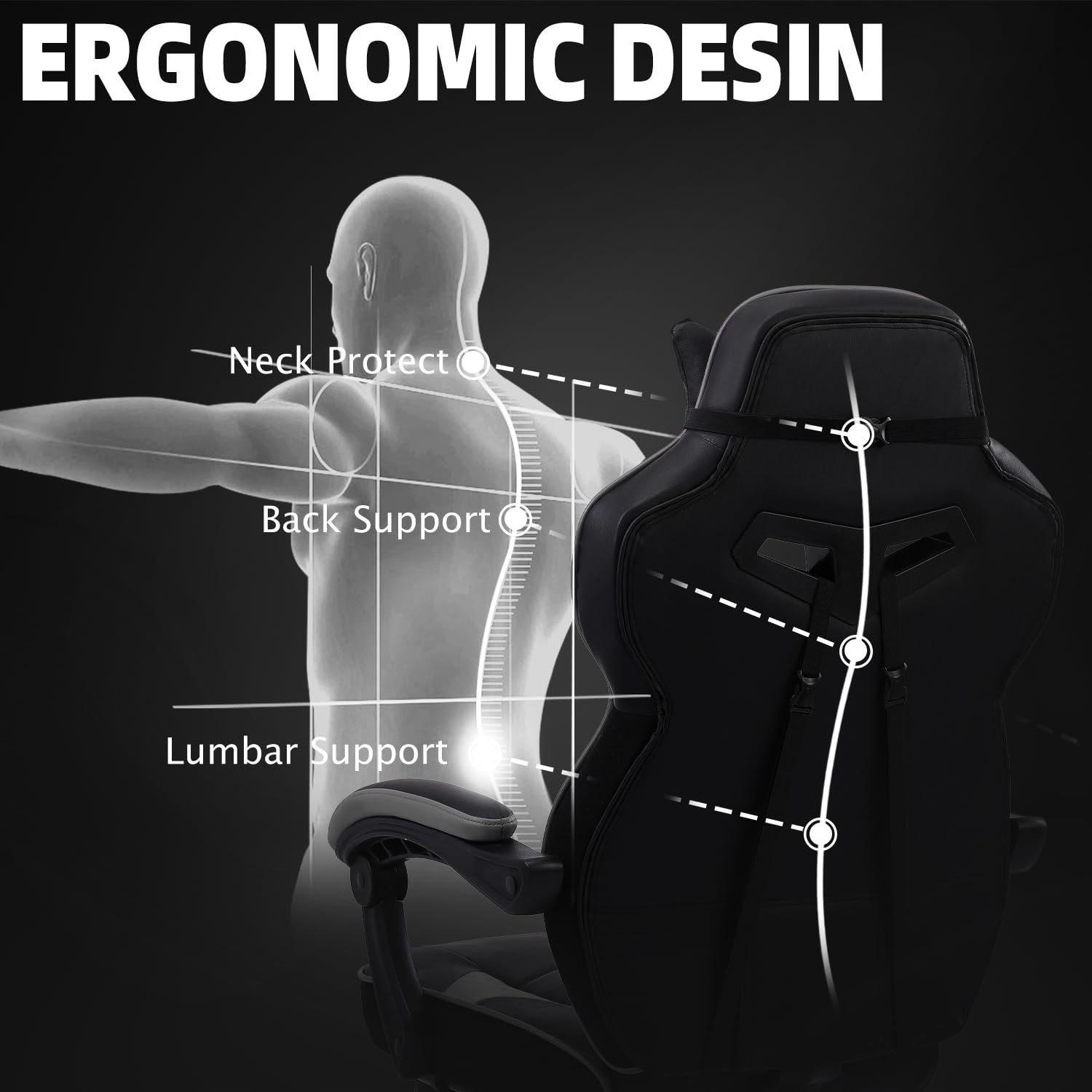 Vonesse Gaming Chair, High Back Gaming Chair with Footrest and Massage, Gaming Chairs for Adults with Pocket Spring Cushion, Big and Tall Reclining Computer Chair with Lumbar Support (): Grey/Black