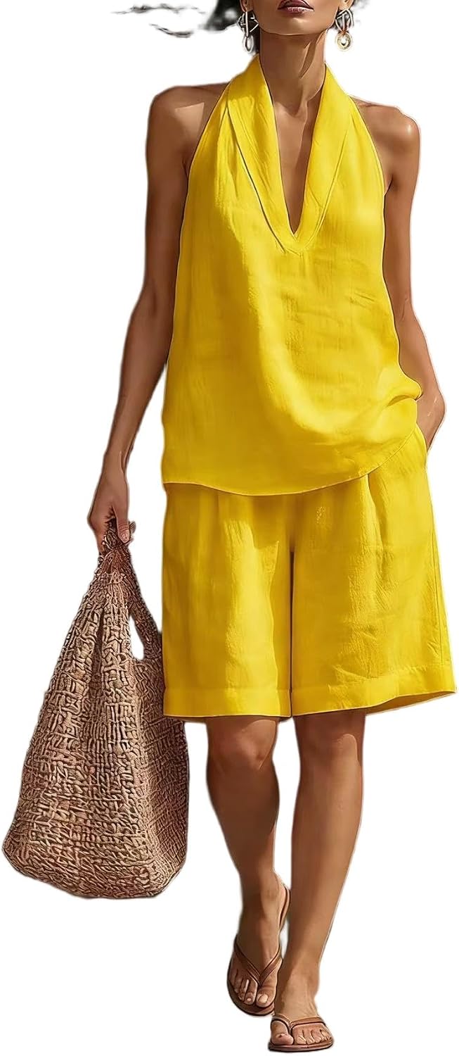 Women's 2 Piece Short Sets Linen Sleeve V Neck Halter Matching Short Suit Summer Casual Oversized Outfits