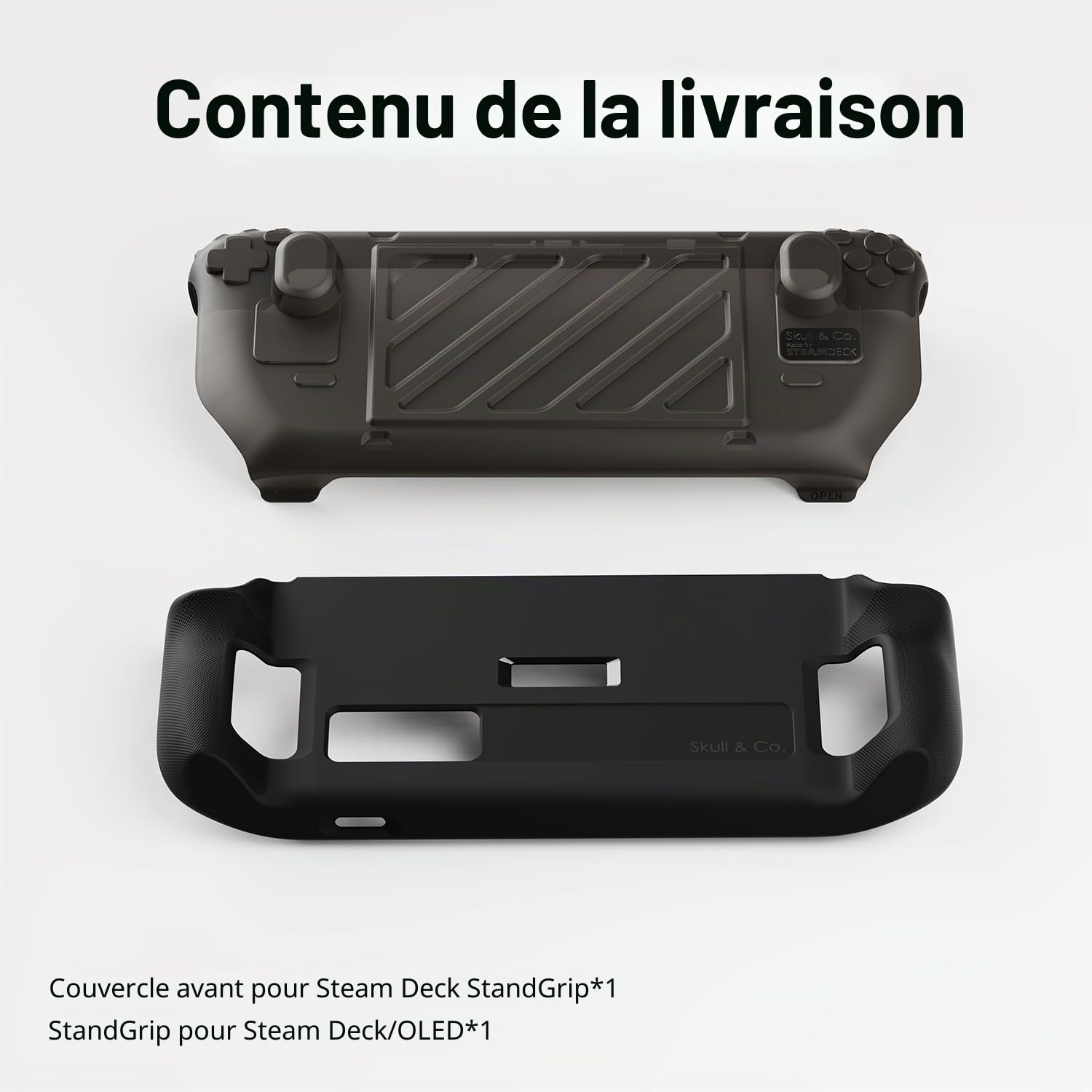 Skull & Co. Stand Grip GripCase Front Cover Bundle for Steam Deck/OLED: Protective Case with Textured Grips Full Protection with Hardshell Front Cover Handheld Design- Smoky Black