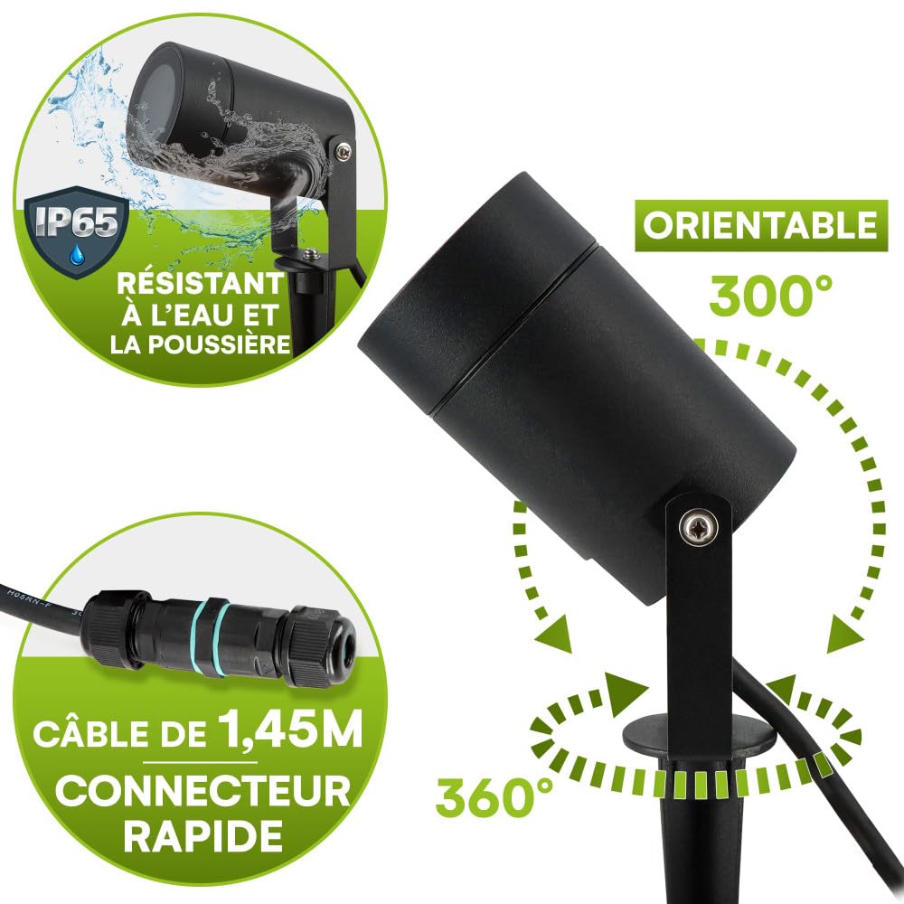 Spots extérieurs design avec piquet X4 - Pour Ampoule LED GU10 - Étanche IP65 - Orientables - Fixations discrètes - Noir