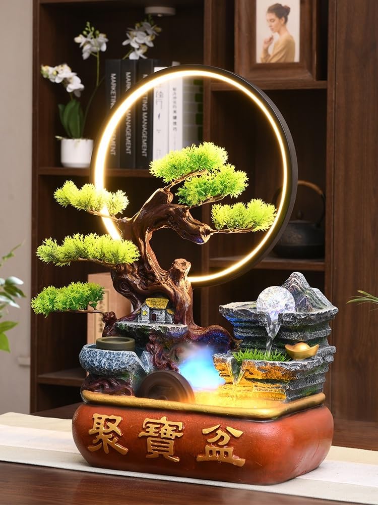 Fuente Decorativa para jardín Fuente de rocalla Decorativa Escritorio con Cuenco del Tesoro y Rueda la Fortuna Feng Shui Anillo luz atomizada(Pequeño)
