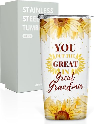 Onebttl Vaso de acero inoxidable de 20 onzas con tapa y pajita, diseño de girasol, con texto en inglés You Put The Great In Great Grande, You Put