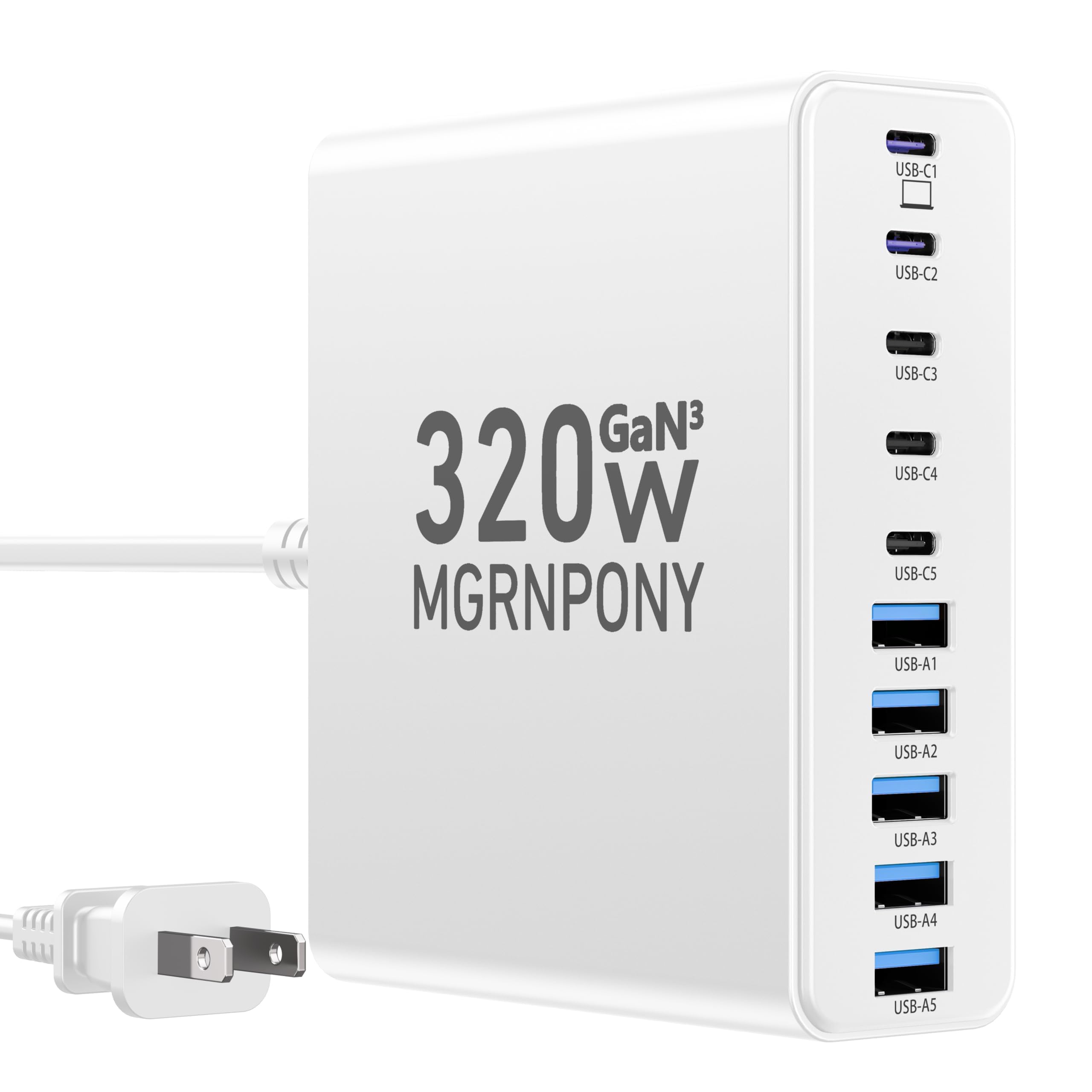 320W USB C Charger Block, MGRNPONY 10-Port GaN USB C Charging Station White