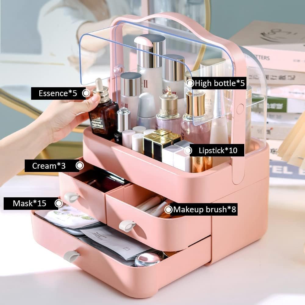 TONSYL Makeup Organizer Box | Countertop Cosmetic Organizer for Woman | Transparent Acrylic Cover Fully Open Clear Makeup Organizer Box | 3 Drawers Cosmetic Products 1