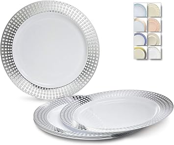 OCCASIONS  120 Plates Pack, Medium Weight Disposable Wedding Party Plastic Plates 7.5 Appetizer/Dessert Plate, Princess in White & Silver