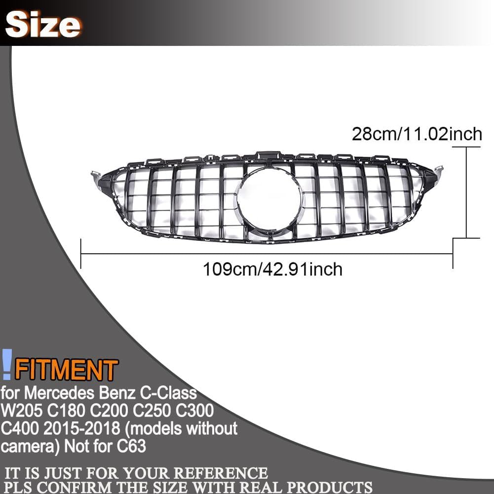 MCARCAR KIT Front Grille Compatible with Mercedes Benz C-Class W205 2015-2018 C180 C200 C250 C300 C400 Front Kidney Hood Grill (Models without camera)