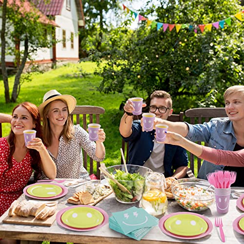 durony 144 Pieces Preppy Smile Face Party Tableware Set Party Decorations Include Smile Face Paper Plates Napkins Cups and Forks for Preppy Birthday Party Baby Shower Decor, Serve 24 Guest by durony - Image 7